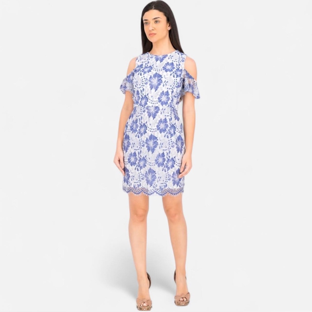 French Connection Antonia Cold Shoulder Lace Mini Dress White & Blue size 8 NWT